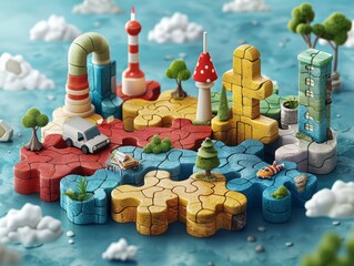 3D illustration of a puzzle piece landscape with structures, trees, and a vehicle, symbolizing problem-solving