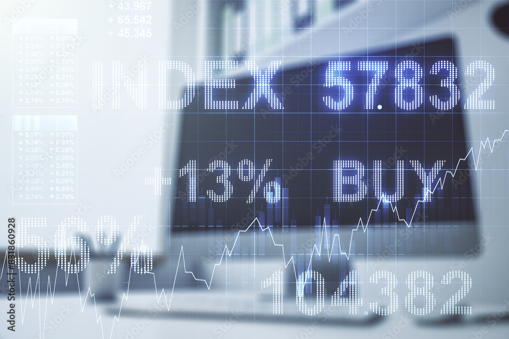 Aufkleber double exposure of abstract creative financial chart and modern desktop with laptop on background, r
