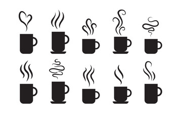 Smells line icon set, hot aroma Coffee, tea in cup, smells or fumes. Isolated symbols doodle glasses of hot drinks. Fragrances evaporate icons.