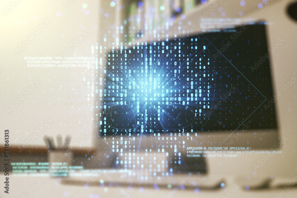 Poster creative code skull hologram and modern desktop with pc on background, cybercrime and hacking concep