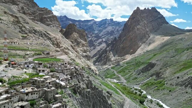 Aerial view of a Zanskar mountain village surrounded by Himalayas