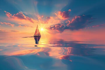 Sailboat gliding on calm waters with a stunning sunset background