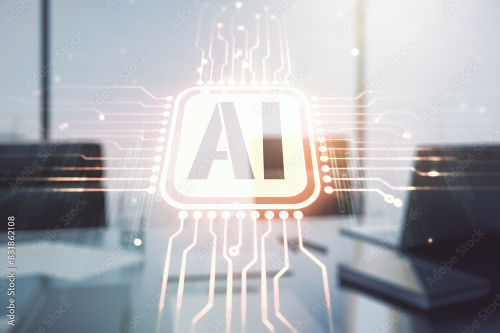 Aufkleber creative artificial intelligence symbol concept and modern desktop with computer on background. mult