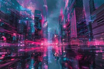 Fototapeta premium A cyberpunk cityscape refracted through a prism, highlighting neon pinks and electric blues against a backdrop of dark grays
