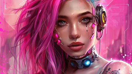 Acrylglasbilder Rosa Beautiful girl with pink hair, in the cyberpunk style  © X-Poser