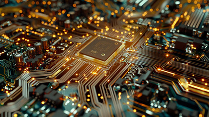 Obraz premium A macro view of a microchip on a circuit board, showing the intricate pathways and connections.