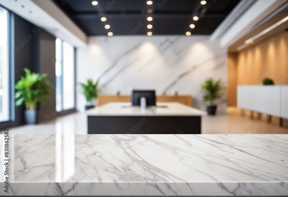 Poster marble stone tabletop and blurred bokeh office interior space background - can used for display or m