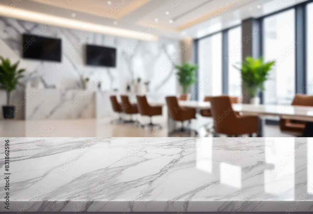 Poster marble stone tabletop and blurred bokeh office interior space background - can used for display or m