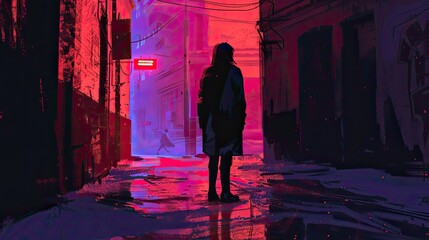 silhouette of girl in coat standing on street, cyberpunk city alleyway with red and blue neon lights