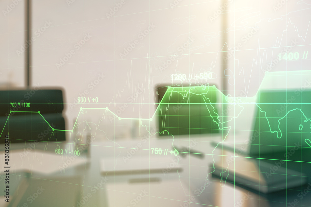 Poster Abstract creative analytics data spreadsheet and modern desktop with pc on background, analytics and analysis concept. Multiexposure