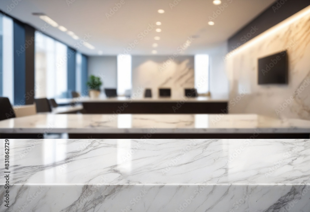 Poster marble stone tabletop and blurred bokeh office interior space background - can used for display or m