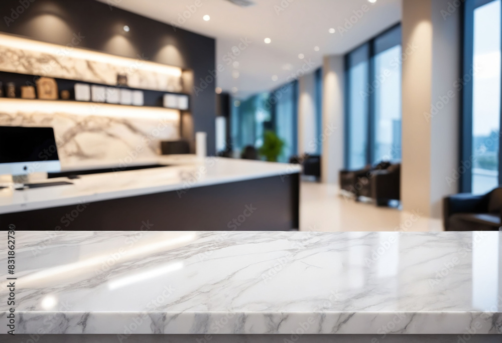 Poster marble stone tabletop and blurred bokeh office interior space background - can used for display or m