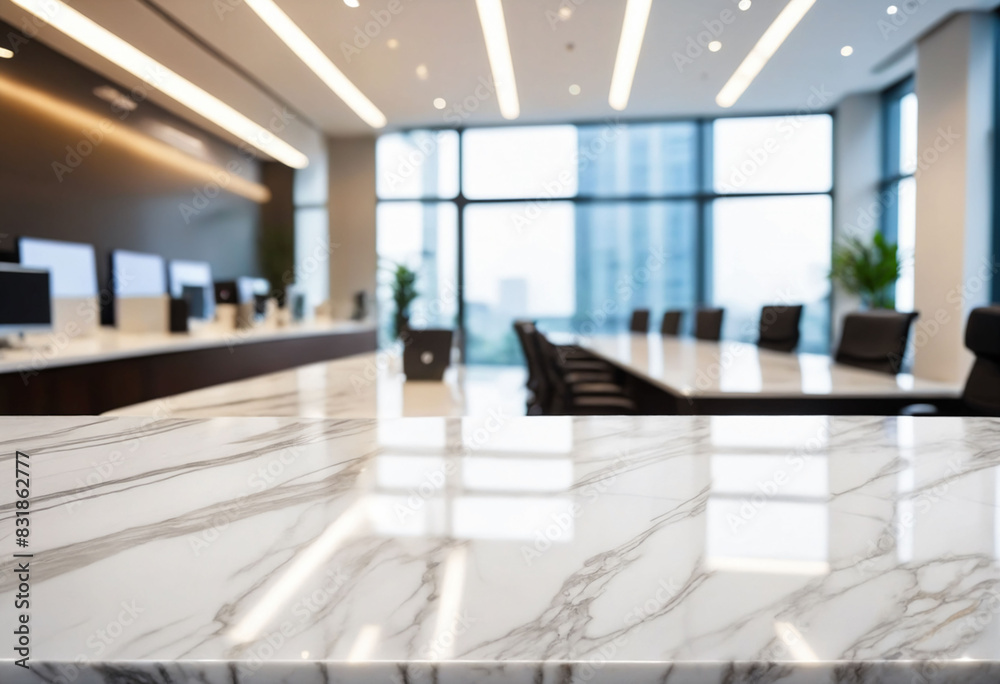 Poster marble stone tabletop and blurred bokeh office interior space background - can used for display or m