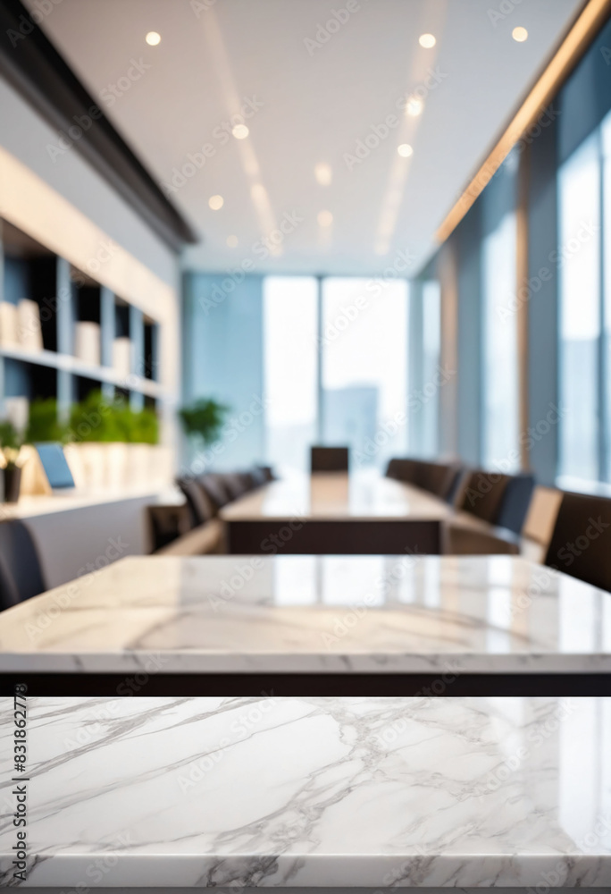 Poster marble stone tabletop and blurred bokeh office interior space background - can used for display or m