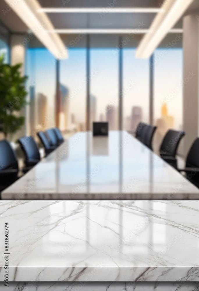 Poster marble stone tabletop and blurred bokeh office interior space background - can used for display or m