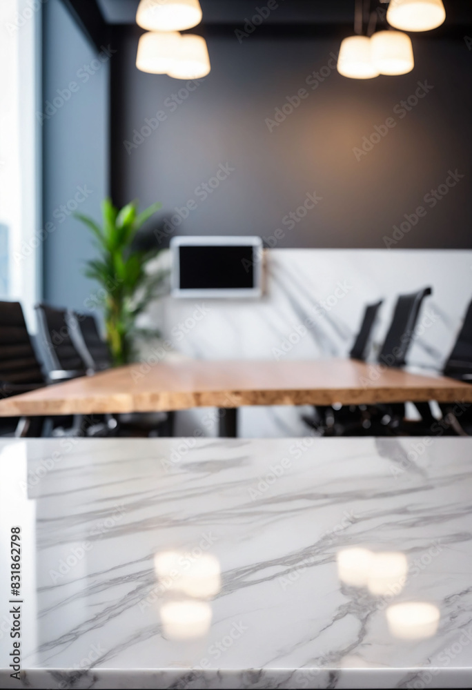 Poster marble stone tabletop and blurred bokeh office interior space background - can used for display or m