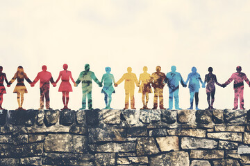 A group of people holding hands in a rainbow pattern