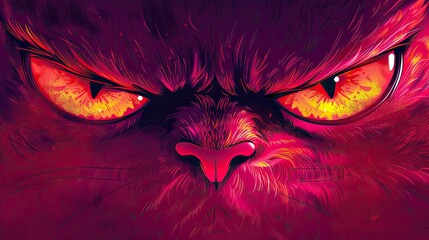 Illustration of angry cat face with glowing red eyes, closeup, dark pink background