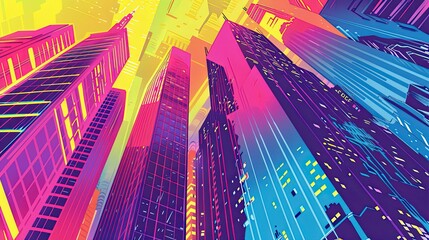 illustration of colorful cyberpunk skyscrapers in a perspective view with vibrant colors and high contrast