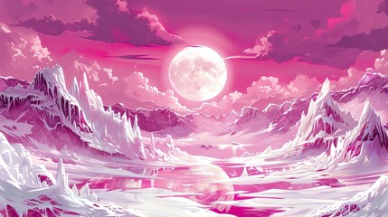 Illustration of an ice planet landscape with a pink sky, white moon and snow covered mountains