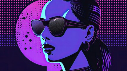 Illustration of an elegant woman with sunglasses, retro style, in the dark blue and purple tones
