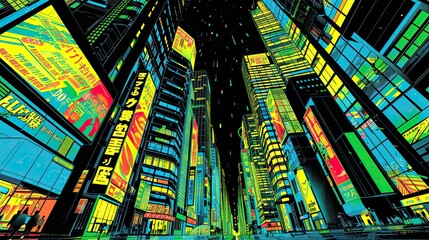illustration of an empty city street at night, with skyscrapers featuring neon signs and billboards
