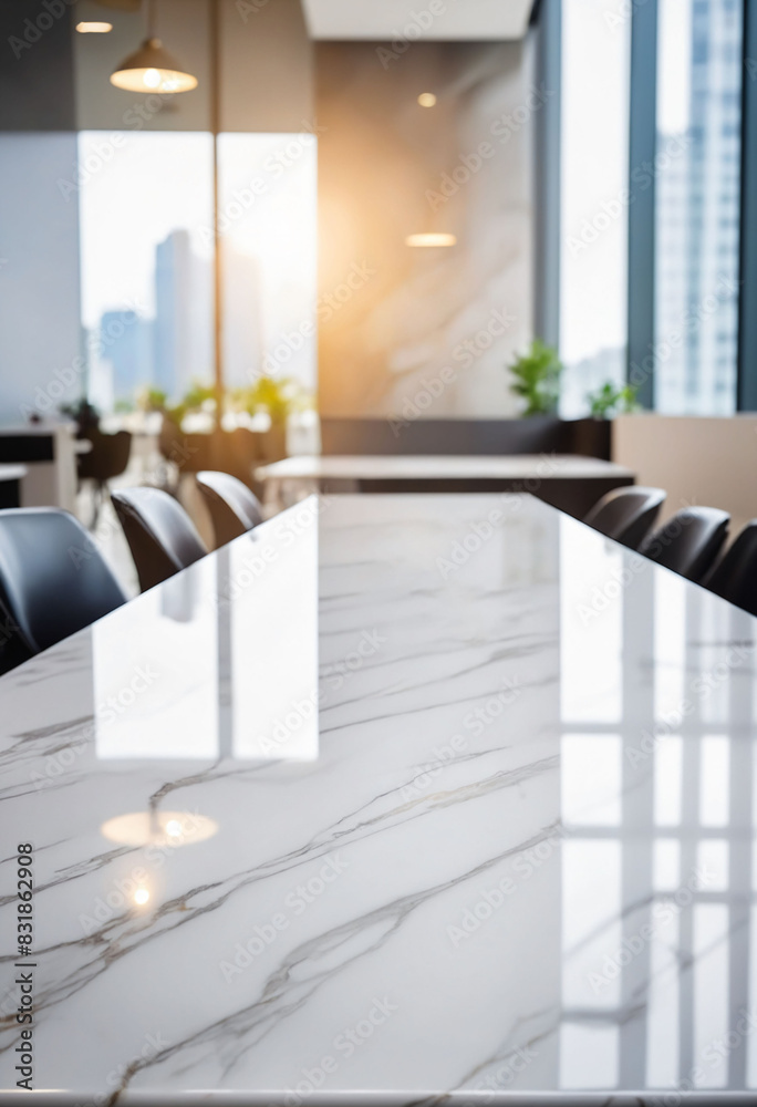 Poster marble stone tabletop and blurred bokeh office interior space background - can used for display or m