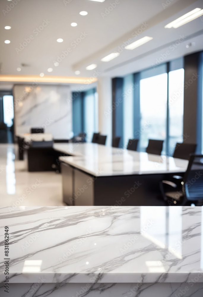 Poster marble stone tabletop and blurred bokeh office interior space background - can used for display or m