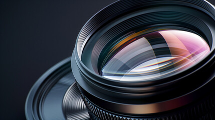 A detailed image of a high-end camera lens with light reflecting off the glass elements.