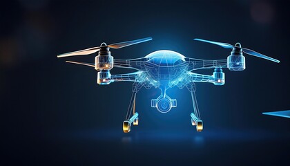 Transparent wireframe of a drone hovering on a dark background, representing innovative technology