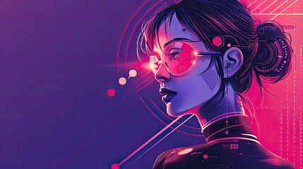 Illustration of a futuristic woman with laser glasses in the style of cyberpunk