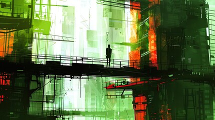 illustration of a cyberpunk scene with a person standing on a steel walkway in a high rise building