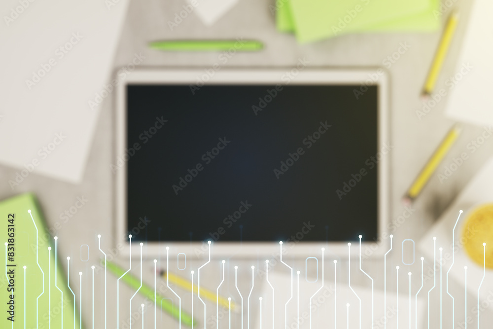 Aufkleber double exposure of circuit hologram and digital tablet on background, top view. research and develop