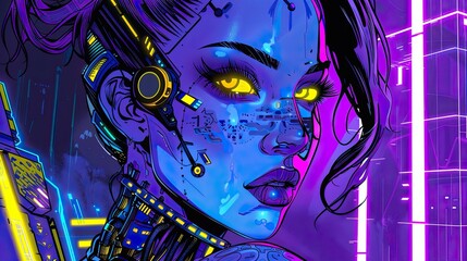 cyberpunk girl with glowing eyes and tattoos, closeup portrait
