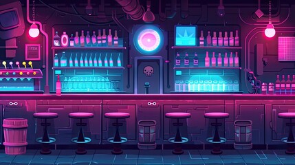 Cyberpunk bar with neon lighting