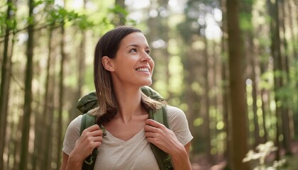 Fototapeta premium young smiling woman carrying a backpack and hiking in the nature. Young woman breathing pure air in a forest 