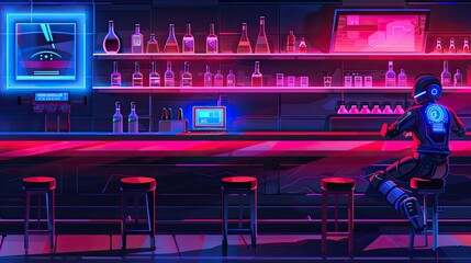Cyberpunk bar with neon glow, robot sitting at the bar