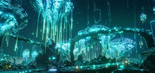 Design a futuristic bioengineered ecosystem, featuring glowing, fluorescent plants and metallic structures, rendered in a sleek, sci-fi digital art style