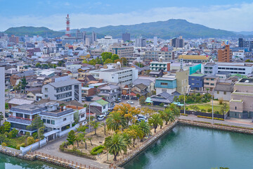 愛媛県今治市の今治城から西側の市街地眺望(黄金町,通町など)