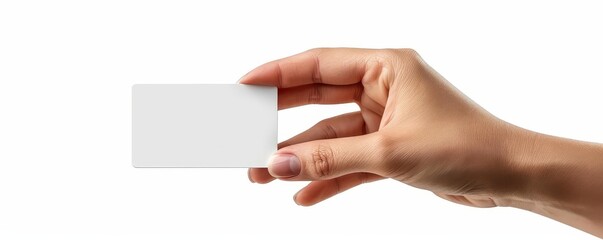 Hand holding a loyalty card, isolated on white background