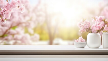 Empty kitchen table with blurred modern interior background in spring