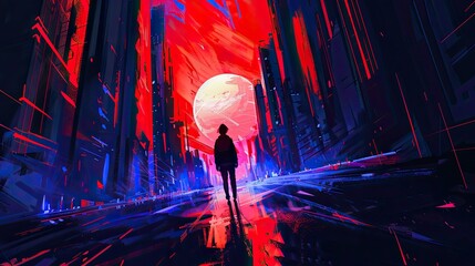 concept art of a person standing in the center, a futuristic cityscape with tall buildings and glowing lines, a red moon in the background