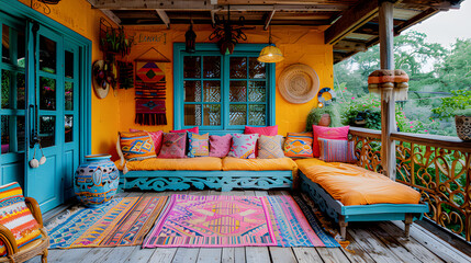 Naklejka premium Eclectic porch in Austin with mix-and-match decor, bright colors, and a soft, diffused morning ambiance inspired by Anthropologie