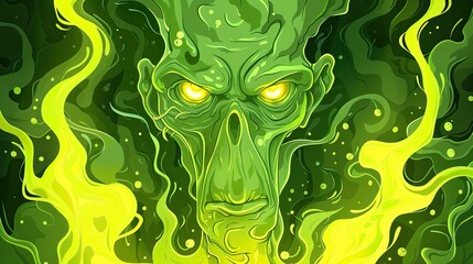 cartoon illustration of a green fire ghost face