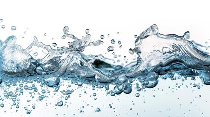 Clear water splash with bubbles, isolated on white background, 
