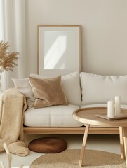 Frame mockup, white sofa and wooden table with candles and candle decorations, modern beige living room interior