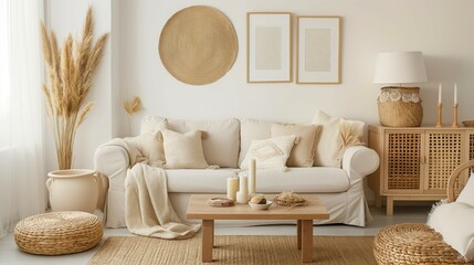 Frame mockup, white sofa and wooden table with candles and candle decorations, modern beige living room interior