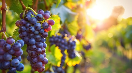 Bunches of ripe purple grapes hanging on the vine in a vineyard with sunlight and green leaves background harvest nature - Powered by Adobe