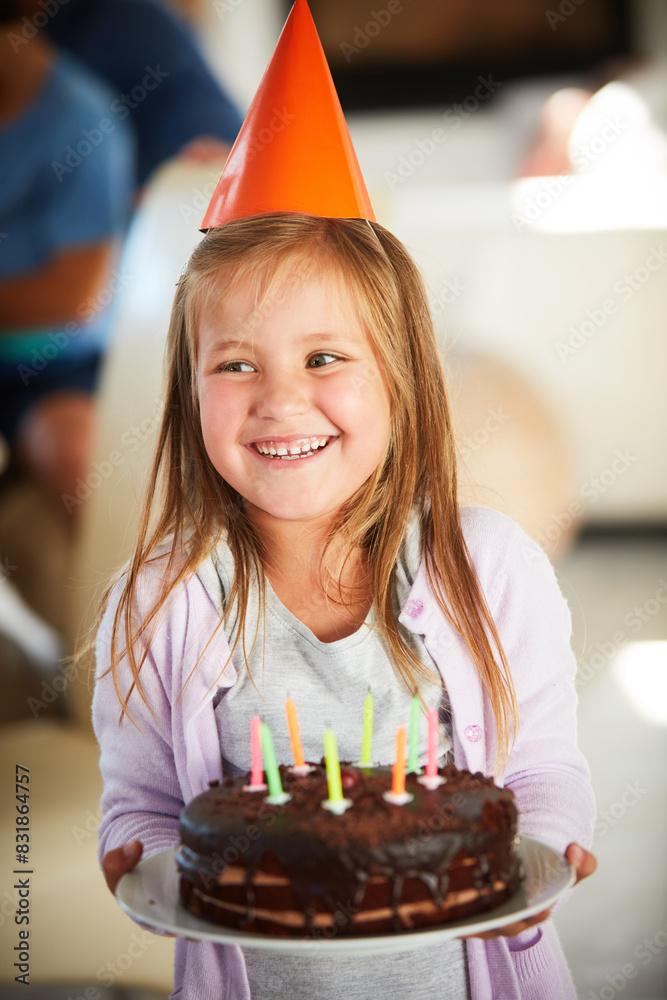 Wall mural happy, excited and girl child with birthday cake, smile and hat in classroom for event, party or cel