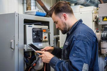 A technician using a tablet to perform remote diagnostics on a manufacturing machine, highlighting the importance of predictive maintenance 